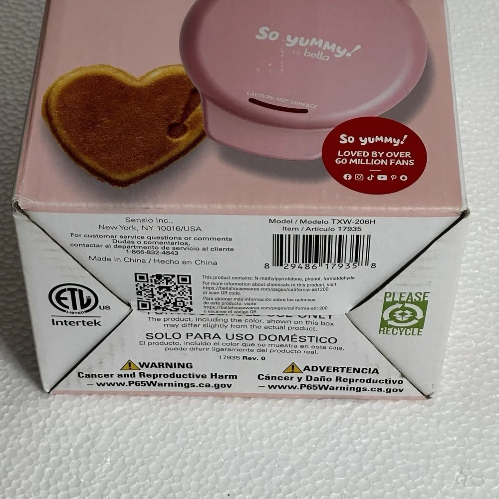 So Yummy by Bella Mini Valentine Pink Heart Shape Waffle Maker + Recipe Book NEW